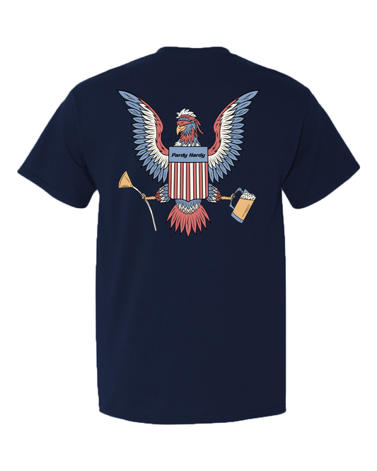 This bad boy features a majestic bald eagle on the back, clutching the stars and stripes… but hold on, what's that in his talons? That's right, folks, a frosty beverage and its trusty funnel companion. This eagle clearly knows how to get things done… efficiently.