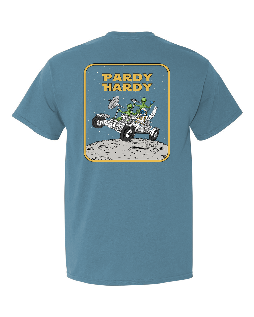 This ain't your momma's NASA mission, folks. This t-shirt features a cosmic crew that's lightyears ahead of the game. We're talkin' a righteous dune buggy rippin' across the lunar surface, kicked into high gear by a space-helmeted astronaut who's traded his moon rocks for a frosty brew.