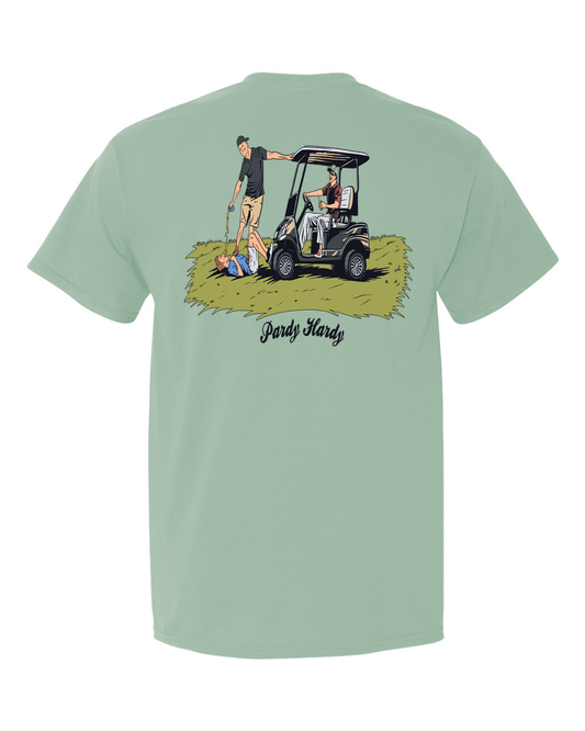 Where the green meets the scene – literally! Behold, the ultimate golfing escapade captured on fabric. On the back of this shirt, you'll find a bunch of lads who've taken the term "tee time" to a whole new level, mixing a bit too much fun with their golf game on the lush greens.