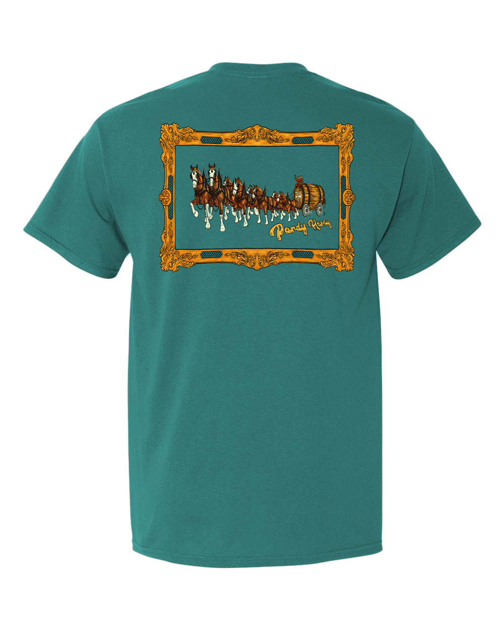 Crafted from premium-quality fabric, this tee offers both comfort and durability, ensuring that you'll look and feel great wherever your adventures take you. But it's the eye-catching design that truly sets this shirt apart – featuring a stagecoach crafted entirely from barrels used for storing alcohol.