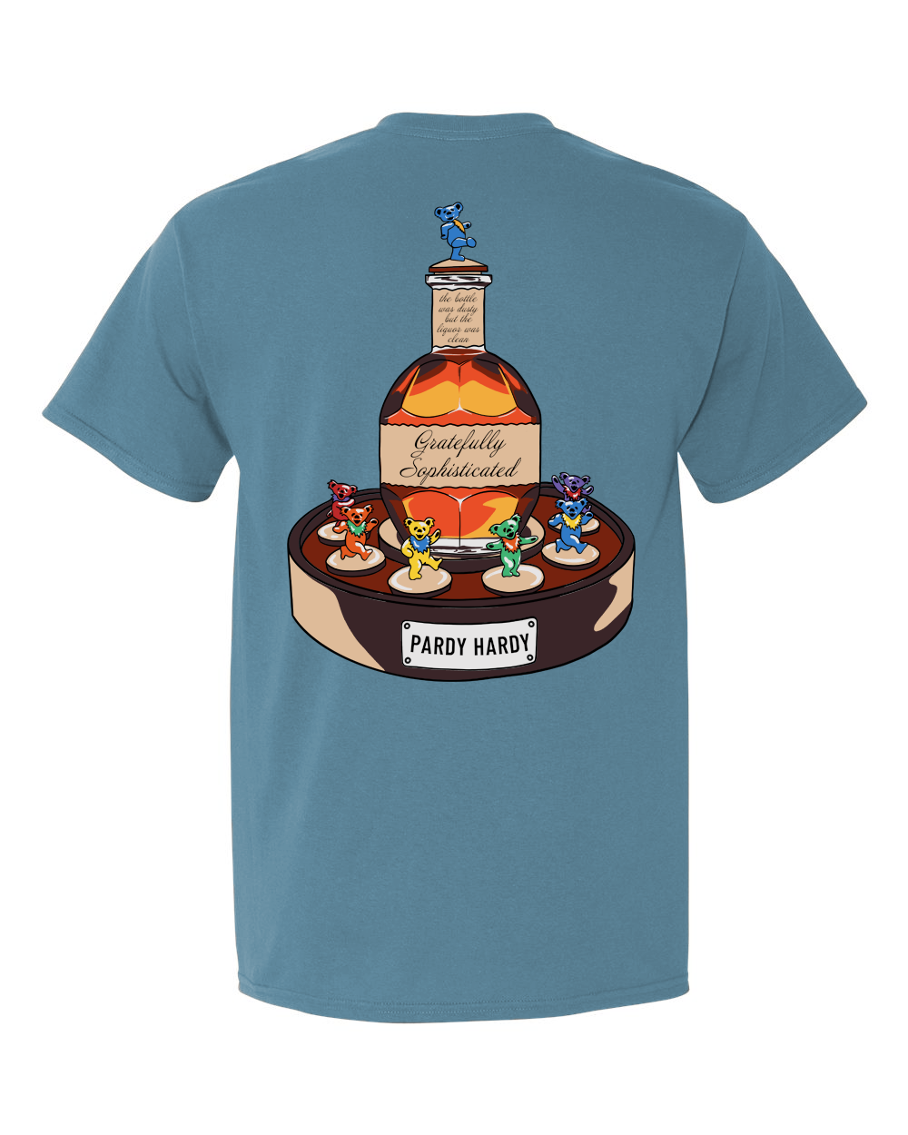 This ain't your grandma's bear hug! Get ready for a wild ride with this shirt that features a classic bottle of smooth bourbon bliss on the back, surrounded by a technicolor tribe of, well, let's just say they're celebrating a really good batch of honey.