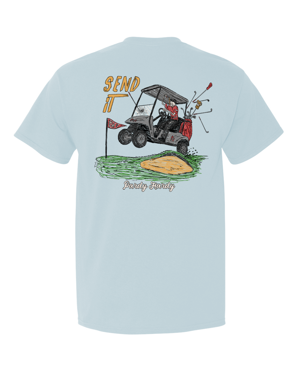 Picture this: a skeleton, bones rattling with laughter as it cruises down the fairway in a golf cart, beer in hand, living (or un-living) its best afterlife. That's right – our tee features this spirited golfer, defying the laws of physics and enjoying a cold one like it's his last round on Earth. Because hey, why let death get in the way of a good time, right?